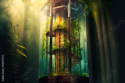 Tropical forest and glass elevator  fantasy landscape. AI