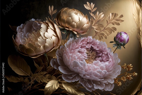 Fototapeta Naklejka Na Ścianę i Meble -  Delicate light peony flowers, a bouquet of peonies with elements of gold. AI