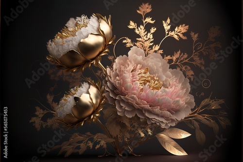 Fototapeta Naklejka Na Ścianę i Meble -  Delicate light peony flowers, a bouquet of peonies with elements of gold. AI