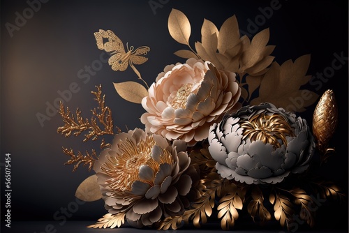Fototapeta Naklejka Na Ścianę i Meble -  Delicate light peony flowers, a bouquet of peonies with elements of gold. AI