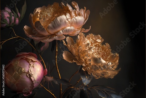 Fototapeta Naklejka Na Ścianę i Meble -  Delicate light peony flowers, a bouquet of peonies with elements of gold. AI