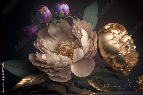 Fototapeta Naklejka Na Ścianę i Meble -  Delicate light peony flowers, a bouquet of peonies with elements of gold. AI
