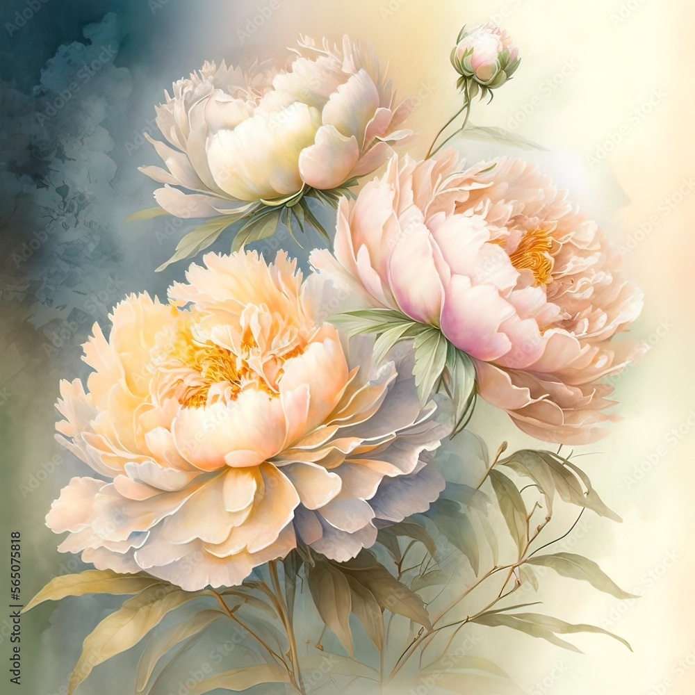 Delicate light peony flowers in the style of watercolor paints. AI Delicate light peony flowers in the style of watercolor paints. AI