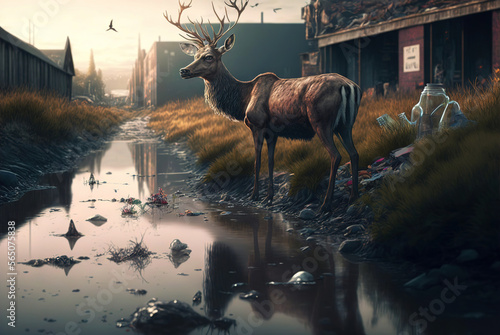 Deer near the water stream polluted with garbage. Pollution concept. Generative AI
