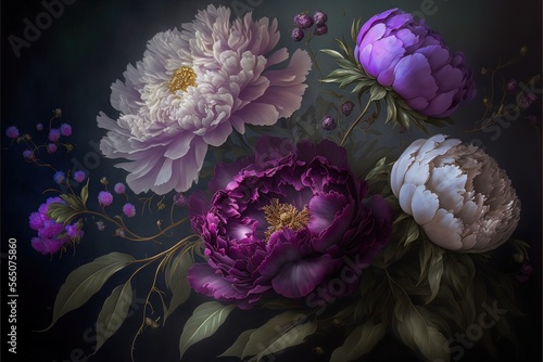 Fototapeta Naklejka Na Ścianę i Meble -  Purple fantasy peonies with gold and magic elements. Luxurious purple flowers. AI