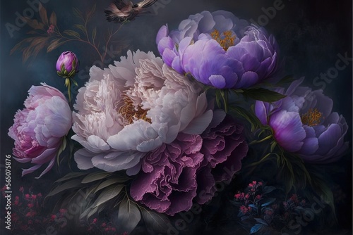 Fototapeta Naklejka Na Ścianę i Meble -  Purple fantasy peonies with gold and magic elements. Luxurious purple flowers. AI