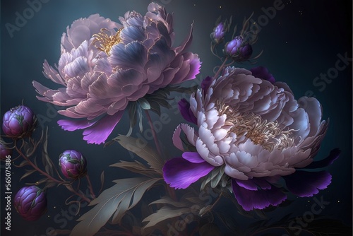 Fototapeta Naklejka Na Ścianę i Meble -  Purple fantasy peonies with gold and magic elements. Luxurious purple flowers. AI