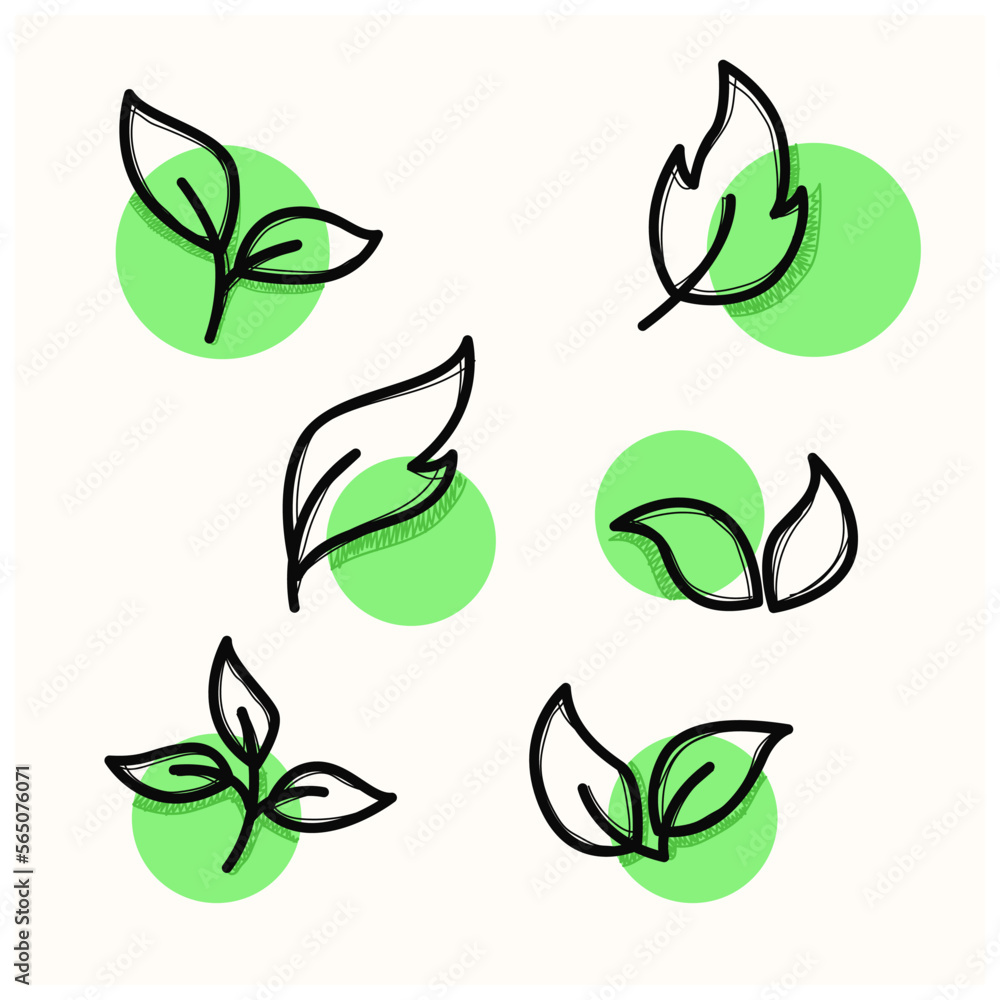 hand drawn eco set of black line leaf icons on white background doodle