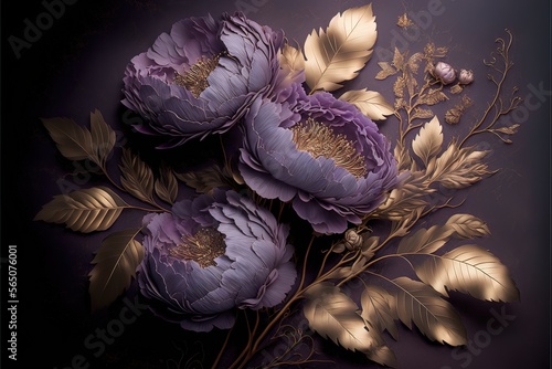 Fototapeta Naklejka Na Ścianę i Meble -  Purple fantasy peonies with gold and magic elements. Luxurious purple flowers. AI