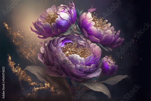 Fototapeta Naklejka Na Ścianę i Meble -  Purple fantasy peonies with gold and magic elements. Luxurious purple flowers. AI