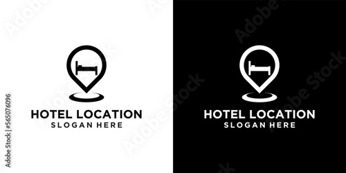 Map pointer pin icon vector simple black. Point location with bed. Hotel Room sign, 