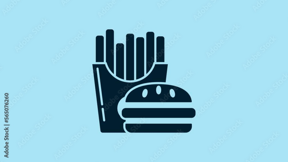 Blue Burger and french fries in carton package box icon isolated on blue background. Hamburger, cheeseburger sandwich. Fast food menu. 4K Video motion graphic animation Blue Burger and french fries in carton package box icon isolated on blue background. Hamburger, cheeseburger sandwich. Fast food menu. 4K Video motion graphic animation