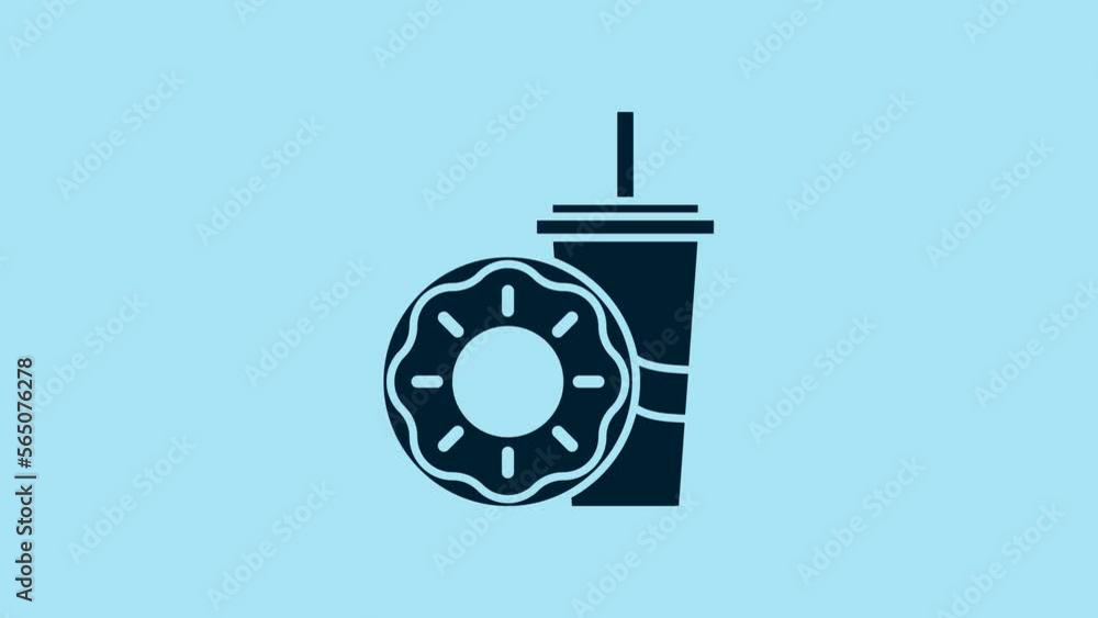 Blue Paper glass with drinking straw and donut icon isolated on blue background. Soda aqua drink sign. Fast food menu. 4K Video motion graphic animation Blue Paper glass with drinking straw and donut icon isolated on blue background. Soda aqua drink sign. Fast food menu. 4K Video motion graphic animation