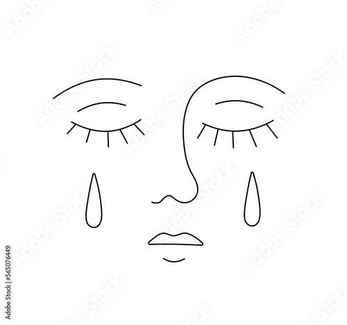 Vector isolated one crying face face features closed eyes nose lips two tears colorless black and white contour line easy drawing