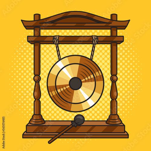 Gong musical percussion instrument circular metal disc pinup pop art retro vector illustration. Comic book style imitation.