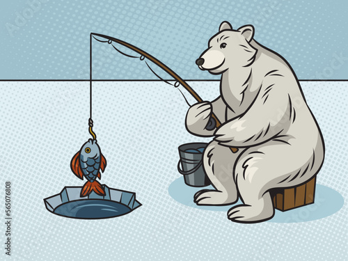 Polar Bear fishing with fishing rod in hole in ice color pinup pop art retro vector illustration. Comic book style imitation.