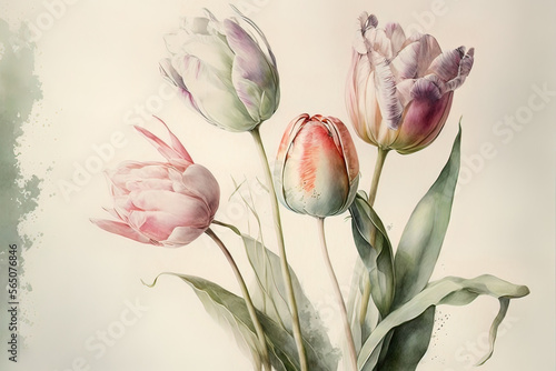 Fototapeta Naklejka Na Ścianę i Meble -  Spring tulips in watercolor style. Luxurious background for postcards, delicate flowers. AI