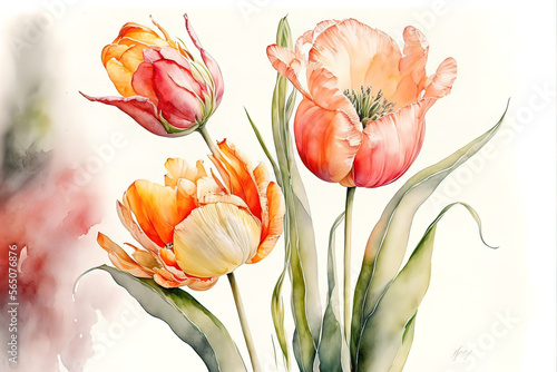 Spring tulips in watercolor style. Luxurious background for postcards, delicate flowers. AI #565076876