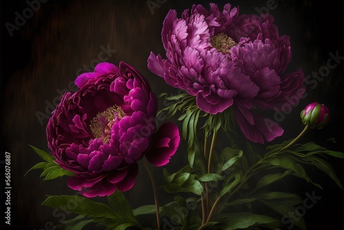 Fototapeta Naklejka Na Ścianę i Meble -  Spring magenta peonies. Luxurious delicate flowers on a dark background. AI