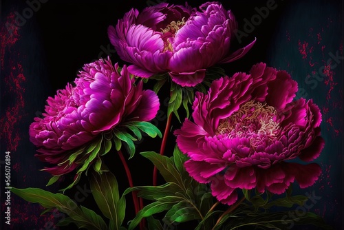 Fototapeta Naklejka Na Ścianę i Meble -  Spring magenta peonies. Luxurious delicate flowers on a dark background. AI