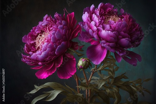 Fototapeta Naklejka Na Ścianę i Meble -  Spring magenta peonies. Luxurious delicate flowers on a dark background. AI