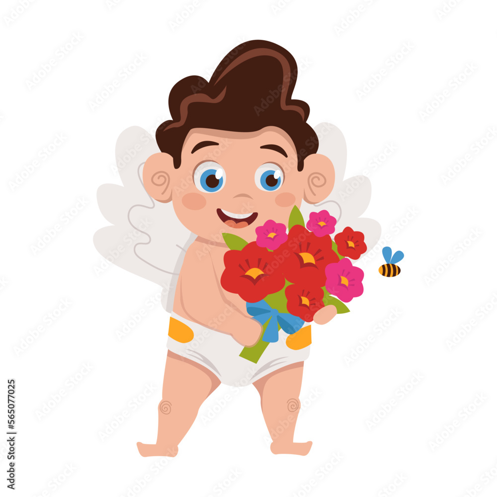 Cute Cupid is holding a beautiful bouquet of flowers. A bee flies nearby. Valentine's Day. Vector graphic.	