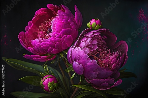 Fototapeta Naklejka Na Ścianę i Meble -  Spring magenta peonies. Luxurious delicate flowers on a dark background. AI
