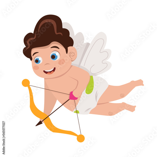 Cute Cupid is flying and plans to shoot an arrow from a bow. Valentine's Day. Vector graphic. 