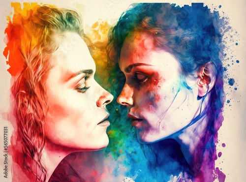 Lesbian couple pride rainbow colors illustration celebration of love generative ai