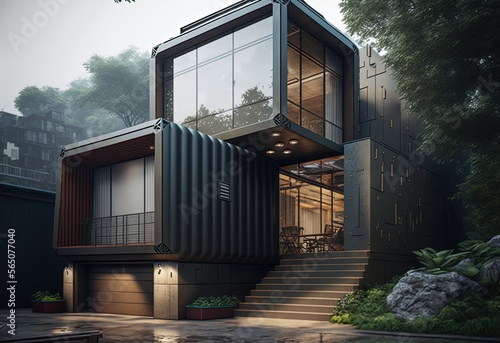 shipping container make as restaurant, office or house, modern and minimalism design, idea for sustainability for environmental preservation, tropical forest Generative Ai © QuietWord