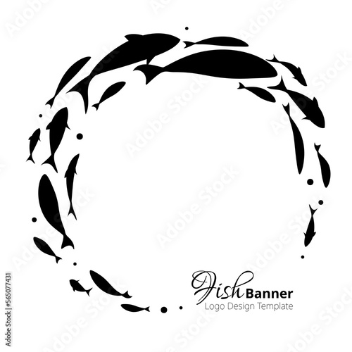 Fish banner black template design. Circle school of fish.