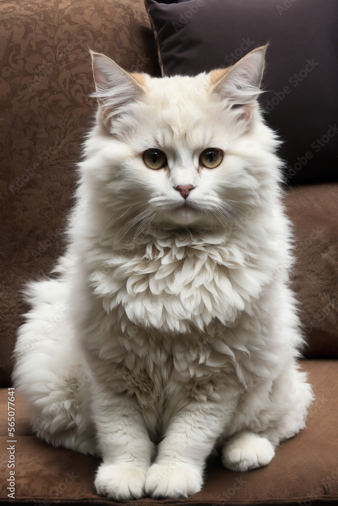 A fluffy cat sitting on a cushion
