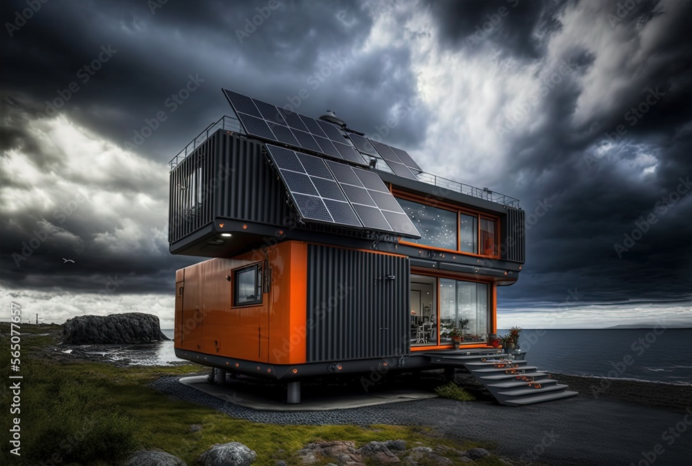 modern industry exterior style shipping container house has solar panel roof, beautiful nature landscape, idea for sustainability for environmental preservation Generative Ai modern industry exterior style shipping container house has solar panel roof, beautiful nature landscape, idea for sustainability for environmental preservation Generative Ai