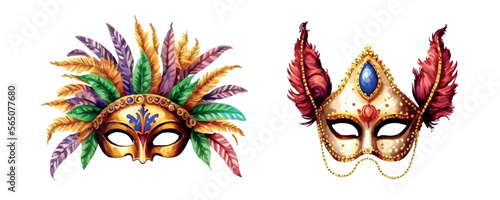Composition for Mardi Gras. Group of traditional objects. Mask, beads and feathers. Hand drawn watercolor illustration on white background