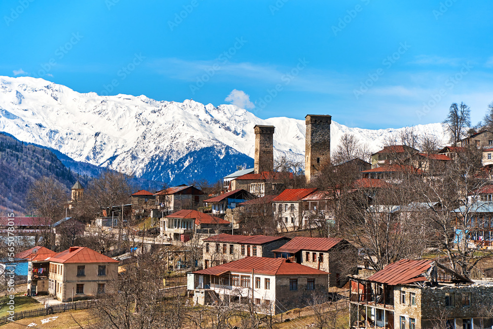 Landscape view of the town of Mestia in the Sakartvelo Mountains. The famous towers of Svania