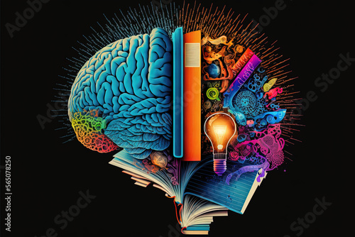 A colorful collage with books, cogs, a brain, and the light