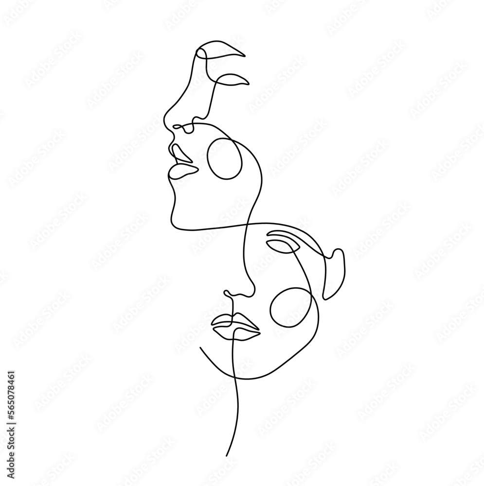 Vector isolated one single line two faces abstract art colorless black