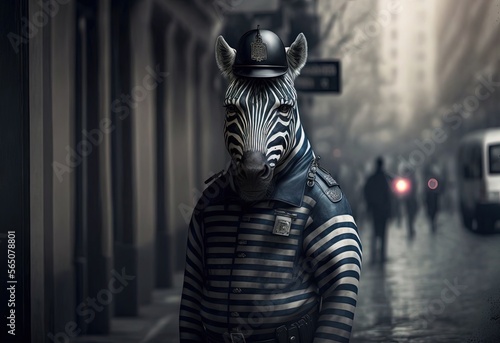  character design illustration of a zebra wearing police officer uniform with urban cityscape background Generative Ai