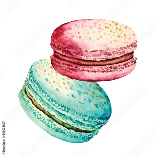 Watercolor image of blue macaroon decorated with bright pink daisy flowers isolated on white background. Hand drawn illustration of popular crunchy dessert for cafe decoration