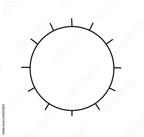 Vector isolated one single big round circle sun with short twelve line rays colorless black and white contour line easy drawing