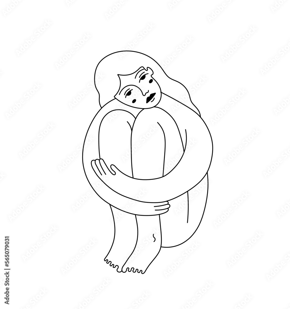 Vector Isolated One Single Sitting Woman Hugging Her Knees With Hands ...