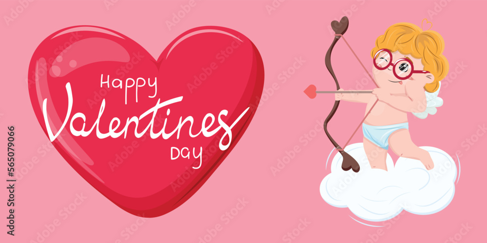 Valentines day greeting card template with the cute cupid shooting with the bow and hearts.