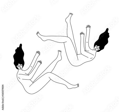 Vector isolated two flying down falling women girls with black hairs colorless black and white contour line easy drawing