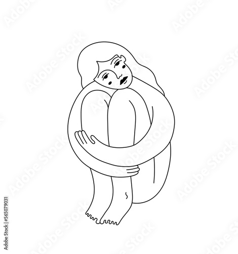 Vector isolated one single sitting woman hugging her knees with hands colorless black and white contour line easy drawing