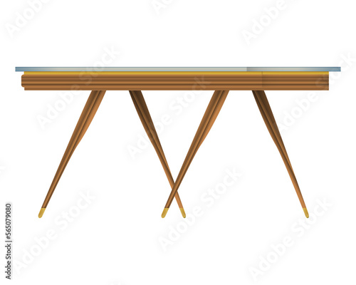 Glass tabletop wood table three-quarter view in realistic style. Transparent table top. Home wooden furniture design. Colorful vector illustration isolated on a white background.