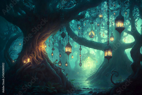 Fantasy forest full of lanterns scene AI Generative 