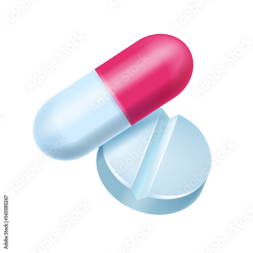3D capsule medicine realistic icon, vector tablet closeup pharmacy antibiotic pill on white. Vitamin health drug pharmaceutical illness treatment painkiller clipart. 3D capsule medication illustration