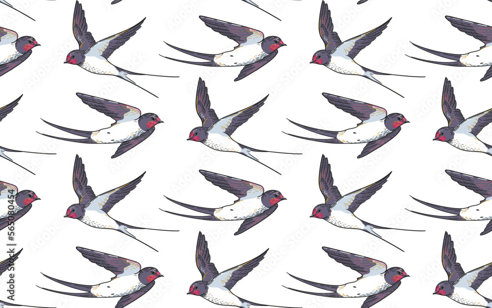 Fototapeta premium Swallows seamless pattern. Vector flying bird swallows isolated on white background. Spring background with swallows in the sky, ornament for wallpaper and fabric, wrapping paper