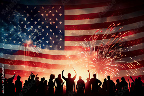 Crowd of people celebrating Independence Day. United States of America USA flag with fireworks background for 4th of July © rufous
