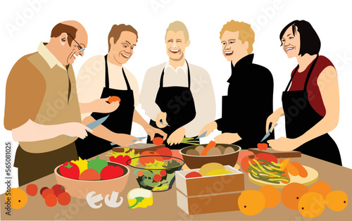 A group of people of different ages preparing a dish at a cooking class. Pupils laugh merrily at the jokes of an experienced chef. Hand drawn trendy Vector illustration. Cartoon style.